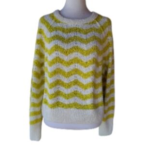 Collaboration Boucle Knit Cashmere Blend Cream Chartreuse Chevron Print Crewneck